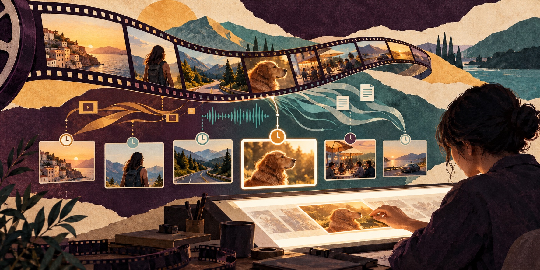 A video timeline branches into timestamped scene cards that a human editor can review.