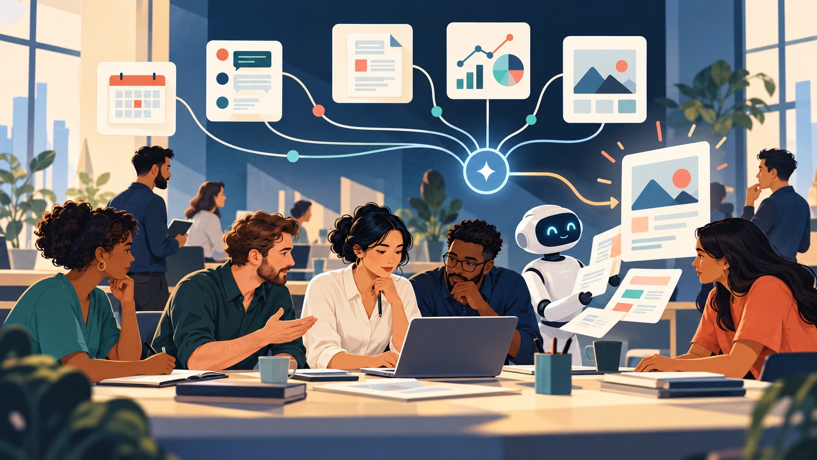 A diverse operations team reviews documents, schedules and data through connected workplace tools with human oversight.