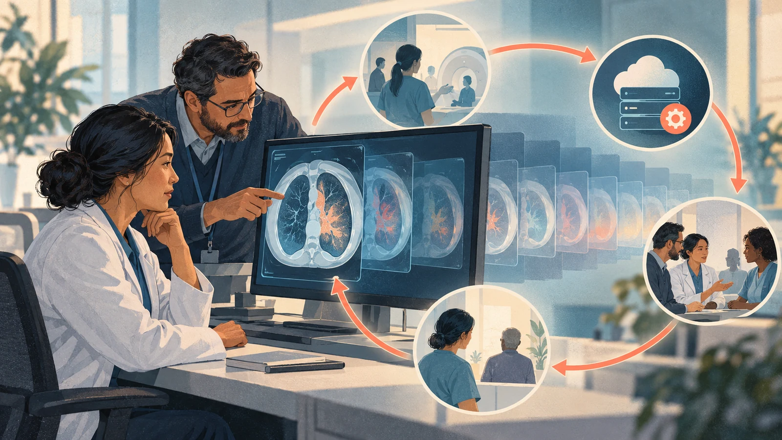 Conceptual illustration of a clinician and engineer reviewing successive versions of a medical AI system
