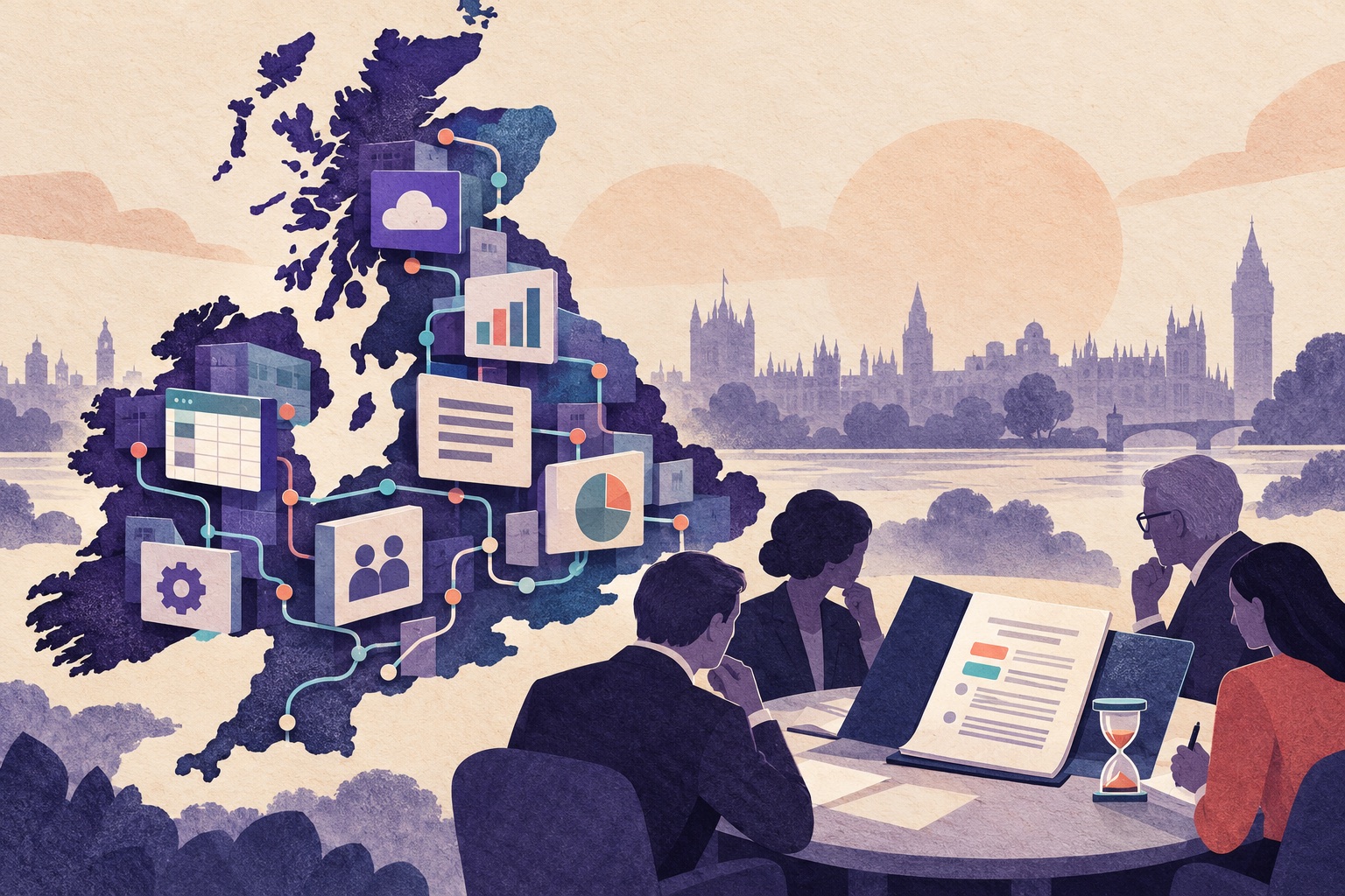 A UK market map shows business software services under a provisional review, with a consultation window still open.