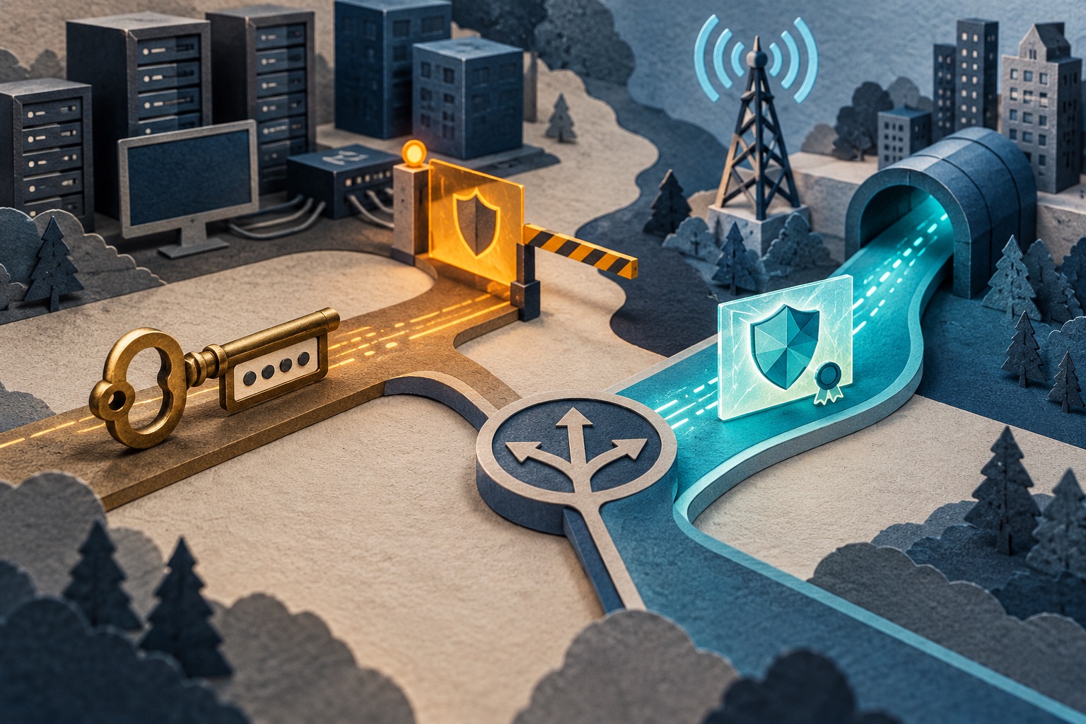 An old network credential pathway is closed by a Windows security gate while a certificate-based route remains open.