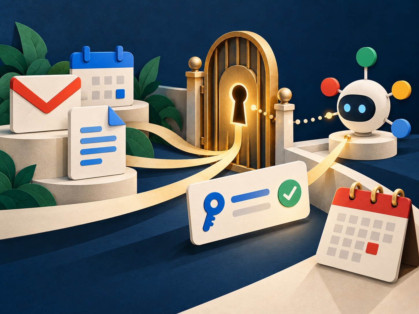 Conceptual office-service icons and an AI agent separated by a golden OAuth eligibility gate and calendar deadline.