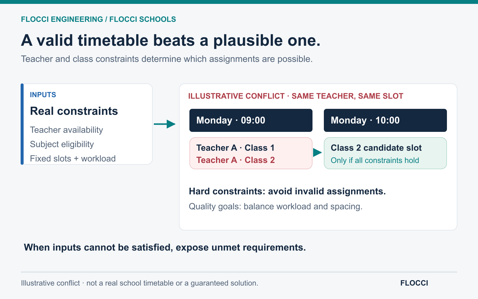 An illustrative teacher assigned to two classes at the same time creates a conflict. An alternative slot is valid only if availability, eligibility and other constraints hold; unsatisfied requirements stay visible.