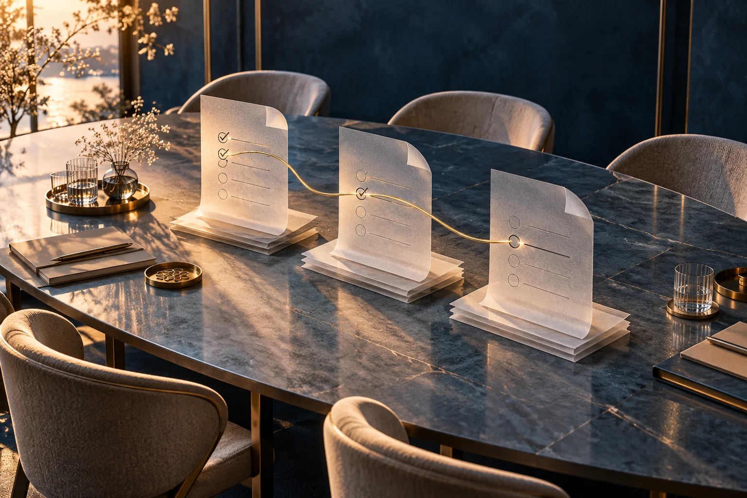 Concept illustration of a meeting table with a thread connecting commitments across successive pages