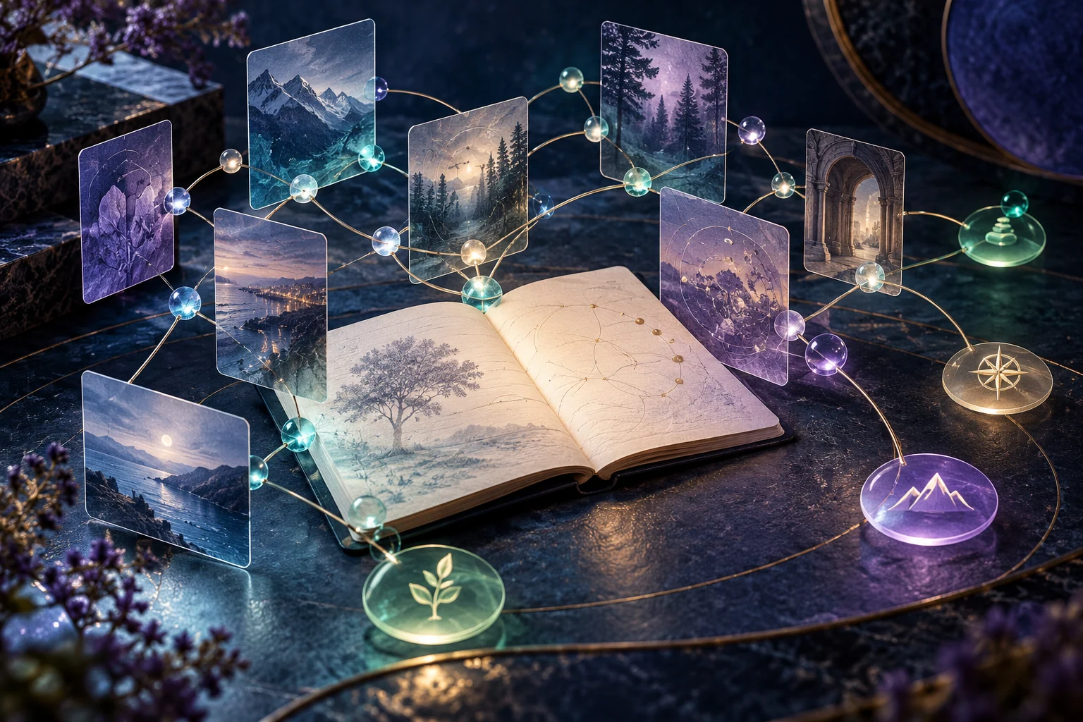 Concept illustration of a notebook connected to a constellation of activity cards