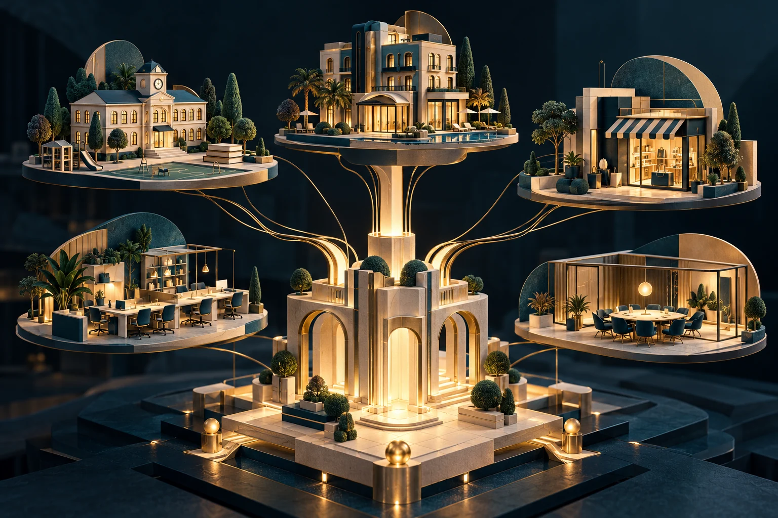 Concept illustration of a shared foundation connecting a school, hotel, shop and team workspace
