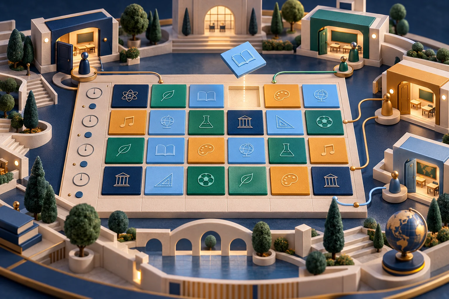 Concept illustration of lesson tiles being arranged into a valid school timetable